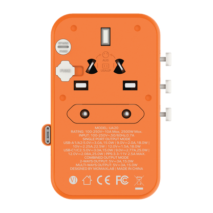 MOMAX 1-WORLD 25W 3 PORT WITH BUILT-IN USB-C CABLE AC TRAVEL ADAPTOR