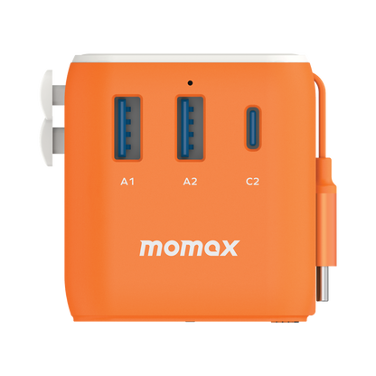 MOMAX 1-WORLD 25W 3 PORT WITH BUILT-IN USB-C CABLE AC TRAVEL ADAPTOR