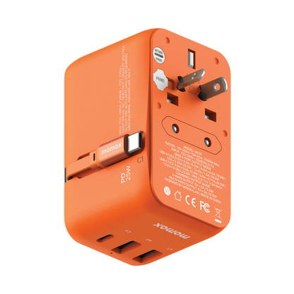 MOMAX 1-WORLD 25W 3 PORT WITH BUILT-IN USB-C CABLE AC TRAVEL ADAPTOR