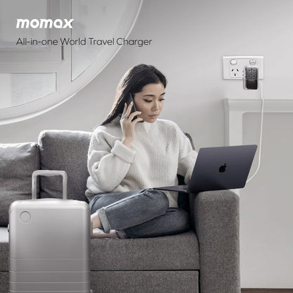 MOMAX 1-WORLD FLOW 35W 4 PORT WITH BUILT-IN USB-C CABLE TRAVEL ADAPTOR (Whte)