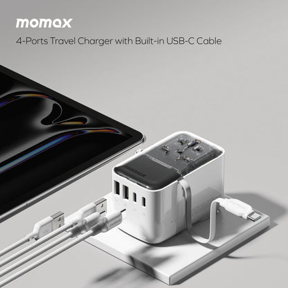 MOMAX 1-WORLD FLOW 35W 4 PORT WITH BUILT-IN USB-C CABLE TRAVEL ADAPTOR (Whte)