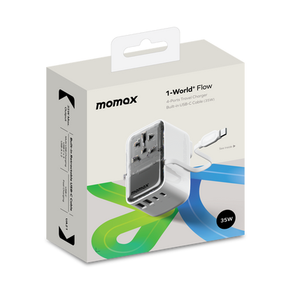 MOMAX 1-WORLD FLOW 35W 4 PORT WITH BUILT-IN USB-C CABLE TRAVEL ADAPTOR (Whte)
