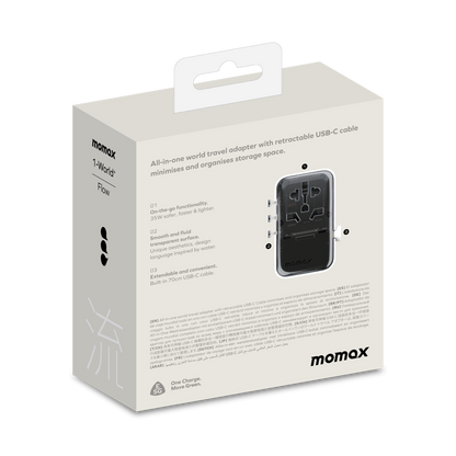 MOMAX 1-WORLD FLOW 35W 4 PORT WITH BUILT-IN USB-C CABLE TRAVEL ADAPTOR (Whte)