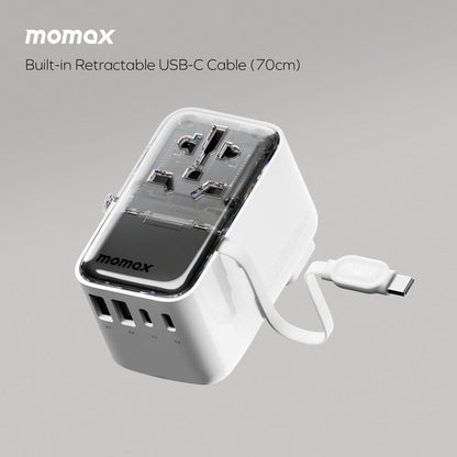 MOMAX 1-WORLD FLOW 35W 4 PORT WITH BUILT-IN USB-C CABLE TRAVEL ADAPTOR (Whte)