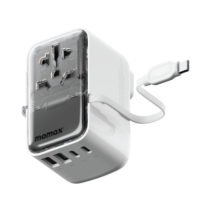 MOMAX 1-WORLD FLOW 35W 4 PORT WITH BUILT-IN USB-C CABLE TRAVEL ADAPTOR (Whte)