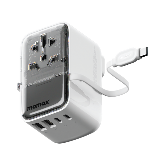 MOMAX 1-WORLD FLOW 35W 4 PORT WITH BUILT-IN USB-C CABLE TRAVEL ADAPTOR (Whte)