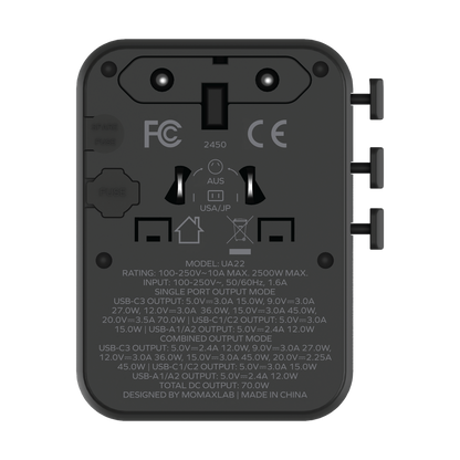 MOMAX 1-WORLD2 GAN 70W 5-PORT USB-C AC TRAVEL ADAPTOR