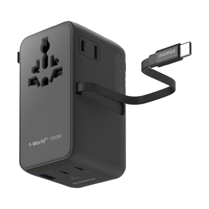MOMAX 1-WORLD2+ 100W 4 PORT DUAL AC TRAVEL ADAPTOR WITH BUILT-IN CABLE