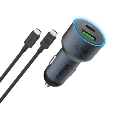 MOMAX MOVE 67W DUAL PORT CAR CHARGER+ 1MTR 100W C TO C CABLE