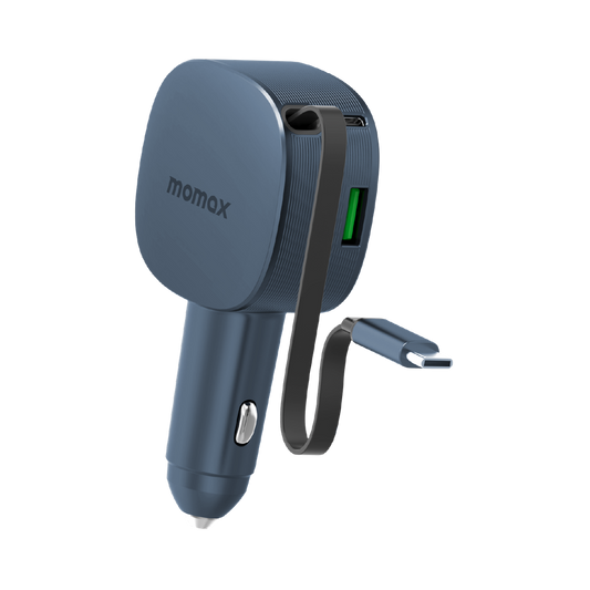 MOMAX 1-MOVE+ 60W 2-PORT CAR CHARGER WITH BUILT-IN RETRACTABLE CABLE