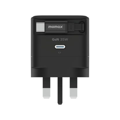 MOMAX 1-CHARGE 35W GAN 1 PORT CHARGER WITH BUILT-IN USB-C CABLE