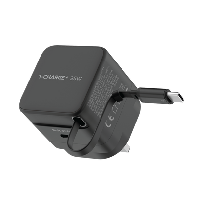 MOMAX 1-CHARGE 35W GAN 1 PORT CHARGER WITH BUILT-IN USB-C CABLE