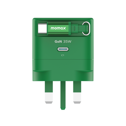 MOMAX 1-CHARGE 35W GAN 1 PORT CHARGER WITH BUILT-IN USB-C CABLE