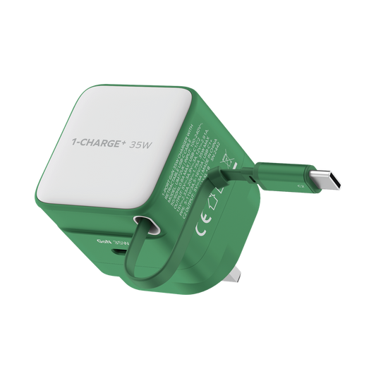 MOMAX 1-CHARGE 35W GAN 1 PORT CHARGER WITH BUILT-IN USB-C CABLE