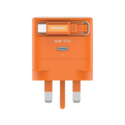 MOMAX 1-CHARGE 35W GAN 1 PORT CHARGER WITH BUILT-IN USB-C CABLE
