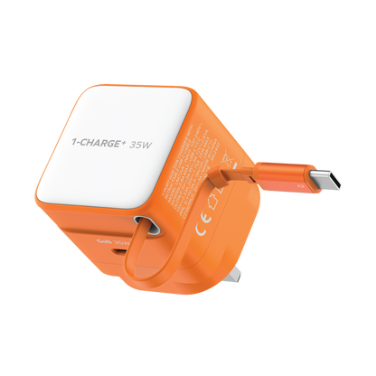 MOMAX 1-CHARGE 35W GAN 1 PORT CHARGER WITH BUILT-IN USB-C CABLE
