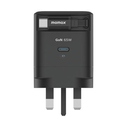 MOMAX 1-CHARGE 65W GAN 1 PORT CHARGER WITH BUILT-IN USB-C CABLE