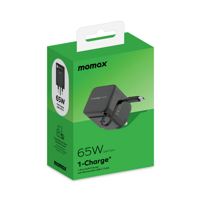 MOMAX 1-CHARGE 65W GAN 1 PORT CHARGER WITH BUILT-IN USB-C CABLE