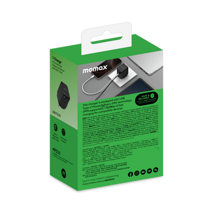 MOMAX 1-CHARGE 65W GAN 1 PORT CHARGER WITH BUILT-IN USB-C CABLE