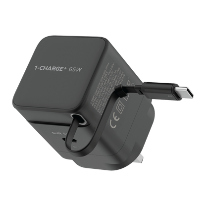 MOMAX 1-CHARGE 65W GAN 1 PORT CHARGER WITH BUILT-IN USB-C CABLE