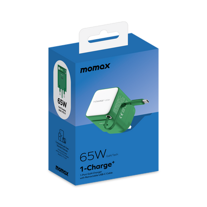 MOMAX 1-CHARGE 65W GAN 1 PORT CHARGER WITH BUILT-IN USB-C CABLE