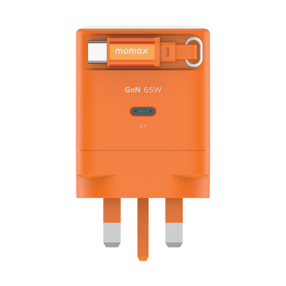 MOMAX 1-CHARGE 65W GAN 1 PORT CHARGER WITH BUILT-IN USB-C CABLE
