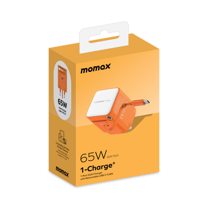 MOMAX 1-CHARGE 65W GAN 1 PORT CHARGER WITH BUILT-IN USB-C CABLE