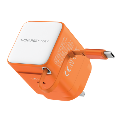 MOMAX 1-CHARGE 65W GAN 1 PORT CHARGER WITH BUILT-IN USB-C CABLE