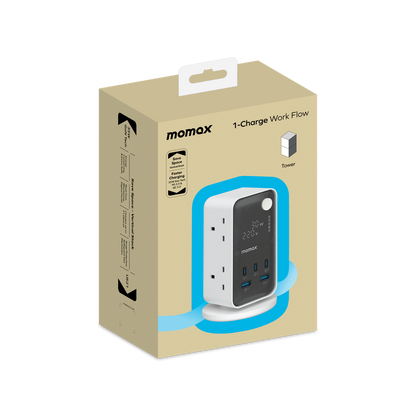 MOMAX 1-CHARGE WORK FLOW 6-OUTLET DIGITAL DISPLAY POWER TOWER WITH USB